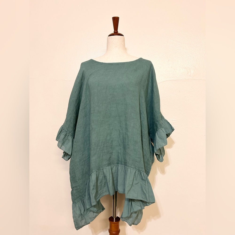 Lea & Luc Paris Blue Linen Cotton Ruffle Hem Tunic Top